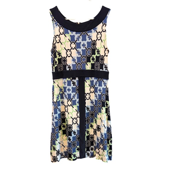 Tory Burch Dresses & Skirts - Tory Burch silk Blue Green Chain Link Print Sleeveless Shift Dress Gold Logo Zip